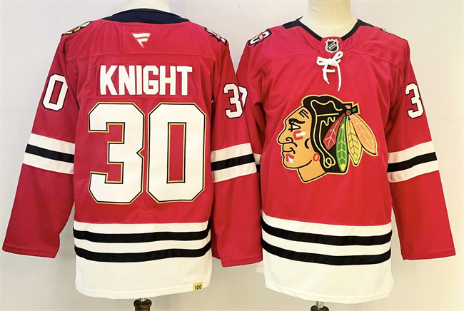 Men's Red Chicago Blackhawks #30 Spencer Knight 2025 Home 100th Anniversary Stitched Hockey Jersey